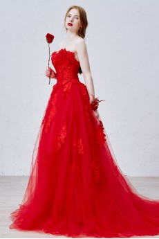 Lace, Tulle, Satin Strapless Sweep Train Sleeveless A-line Dress with Flower