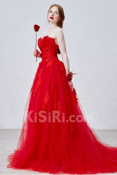 Lace, Tulle, Satin Strapless Sweep Train Sleeveless A-line Dress with Flower