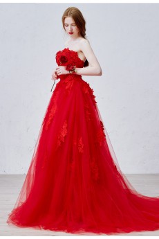 Lace, Tulle, Satin Strapless Sweep Train Sleeveless A-line Dress with Flower