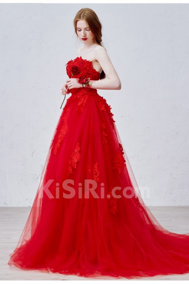 Lace, Tulle, Satin Strapless Sweep Train Sleeveless A-line Dress with Flower