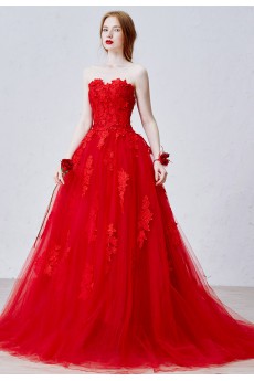 Lace, Tulle, Satin Strapless Sweep Train Sleeveless A-line Dress with Flower