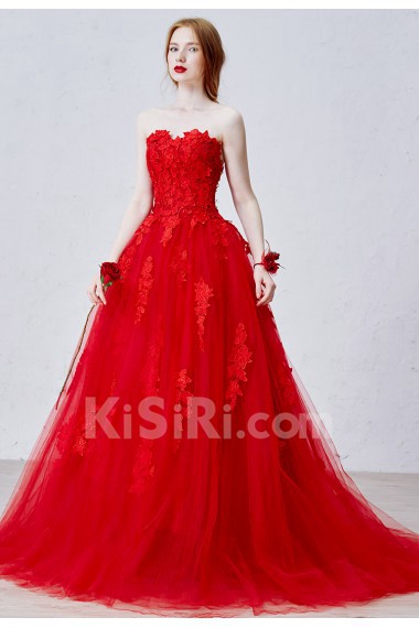 Lace, Tulle, Satin Strapless Sweep Train Sleeveless A-line Dress with Flower