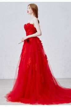 Lace, Tulle, Satin Strapless Sweep Train Sleeveless A-line Dress with Flower