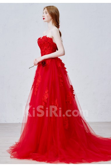 Lace, Tulle, Satin Strapless Sweep Train Sleeveless A-line Dress with Flower