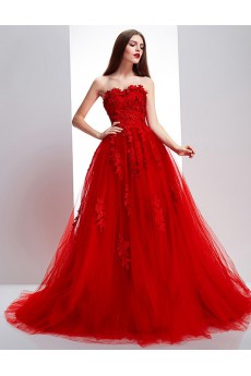 Lace, Tulle, Satin Strapless Sweep Train Sleeveless A-line Dress with Flower