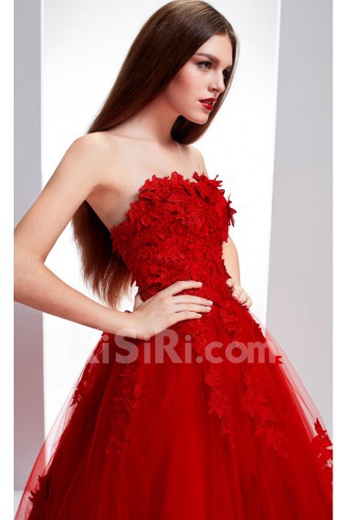 Lace, Tulle, Satin Strapless Sweep Train Sleeveless A-line Dress with Flower