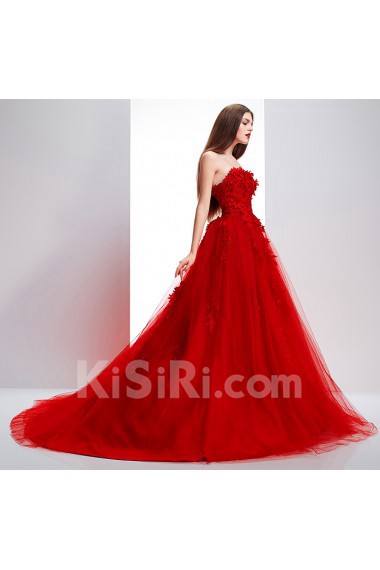 Lace, Tulle, Satin Strapless Sweep Train Sleeveless A-line Dress with Flower