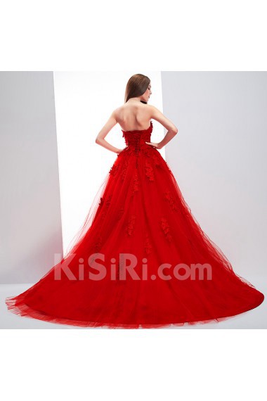 Lace, Tulle, Satin Strapless Sweep Train Sleeveless A-line Dress with Flower