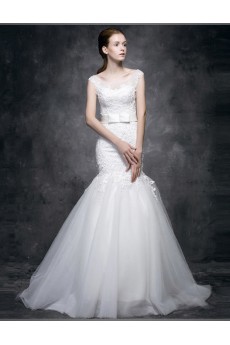 Lace, Satin Scoop Chapel Train Cap Sleeve Mermaid Dress with Sash