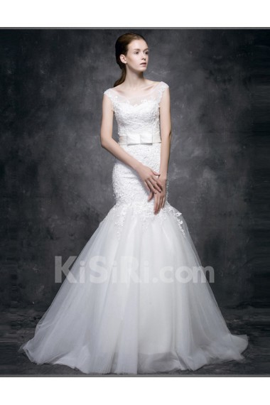 Lace, Satin Scoop Chapel Train Cap Sleeve Mermaid Dress with Sash