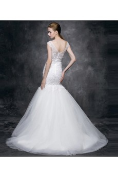 Lace, Satin Scoop Chapel Train Cap Sleeve Mermaid Dress with Sash