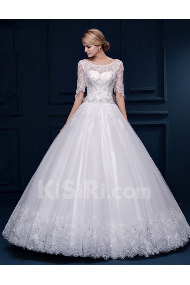 Tulle, Lace Scoop Floor Length Half Sleeve Ball Gown Dress with Bow, Sequins