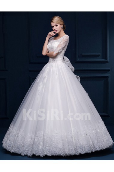 Tulle, Lace Scoop Floor Length Half Sleeve Ball Gown Dress with Bow, Sequins