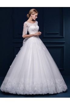 Tulle, Lace Scoop Floor Length Half Sleeve Ball Gown Dress with Bow, Sequins