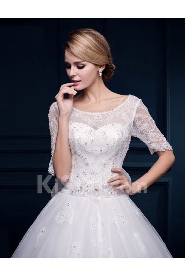 Tulle, Lace Scoop Floor Length Half Sleeve Ball Gown Dress with Bow, Sequins