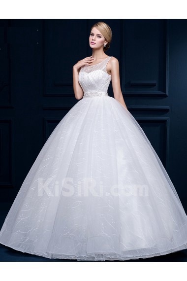 Tulle, Lace Scoop Floor Length Sleeveless Ball Gown Dress with Beads, Sash