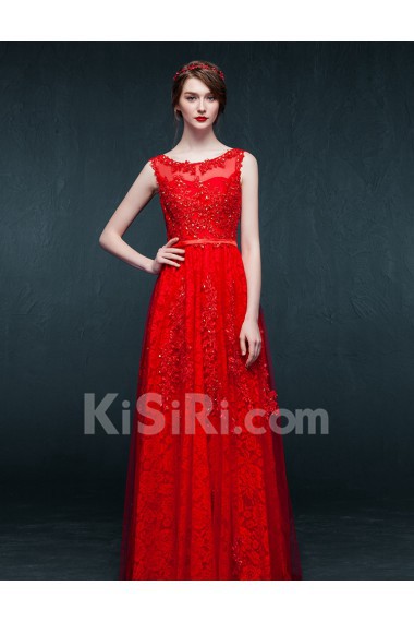 Satin, Lace Scoop Floor Length Cap Sleeve A-line Dress with Sequins, Sash