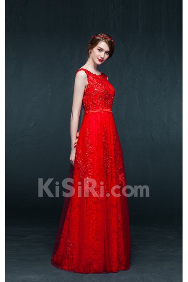 Satin, Lace Scoop Floor Length Cap Sleeve A-line Dress with Sequins, Sash