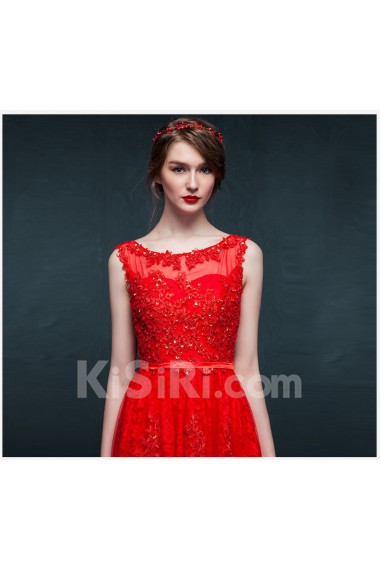 Satin, Lace Scoop Floor Length Cap Sleeve A-line Dress with Sequins, Sash