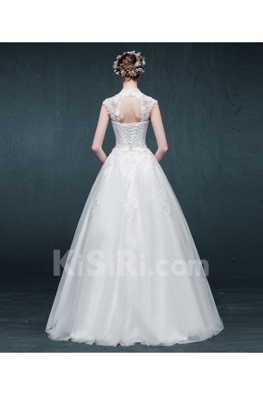 Tulle, Satin, Lace High Collar Floor Length Cap Sleeve A-line Dress with Handmade Flowers, Rhinestone