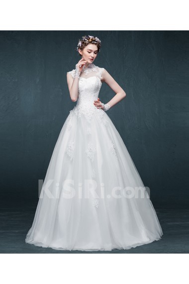 Tulle, Satin, Lace High Collar Floor Length Cap Sleeve A-line Dress with Handmade Flowers, Rhinestone