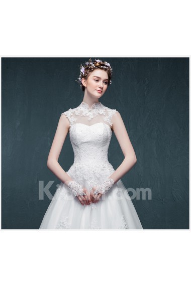 Tulle, Satin, Lace High Collar Floor Length Cap Sleeve A-line Dress with Handmade Flowers, Rhinestone