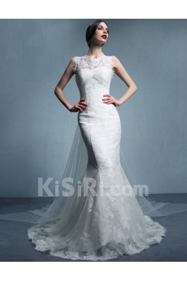 Tulle, Lace Jewel Chapel Train Sleeveless Mermaid Dress with Embroidered