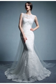 Tulle, Lace Jewel Chapel Train Sleeveless Mermaid Dress with Embroidered