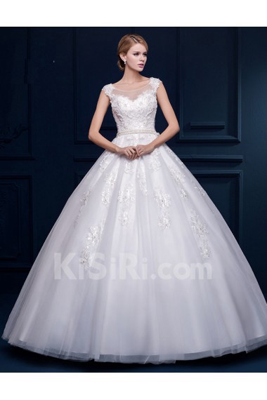 Tulle, Lace Scoop Floor Length Cap Sleeve Ball Gown Dress with Applique, Beads