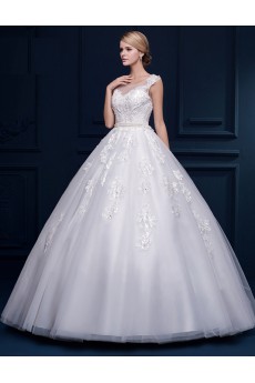 Tulle, Lace Scoop Floor Length Cap Sleeve Ball Gown Dress with Applique, Beads