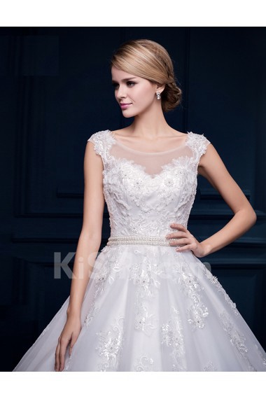 Tulle, Lace Scoop Floor Length Cap Sleeve Ball Gown Dress with Applique, Beads