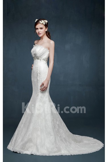 Organza, Lace Scallop Sweep Train Sleeveless Mermaid Dress with Rhinestone, Sash