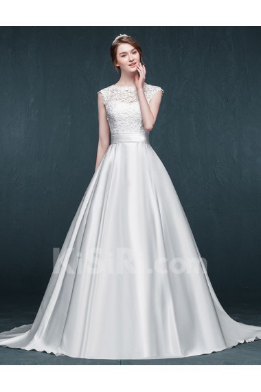 Satin Jewel Sweep Train Cap Sleeve A-line Dress with Lace, Sash