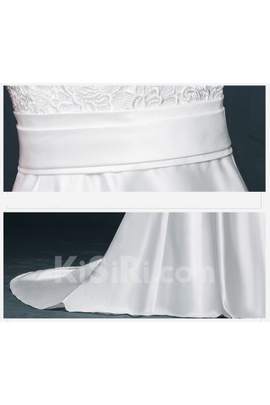 Satin Jewel Sweep Train Cap Sleeve A-line Dress with Lace, Sash