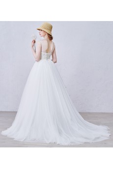 Lace, Tulle Scoop Sweep Train Cap Sleeve A-line Dress with Pearl