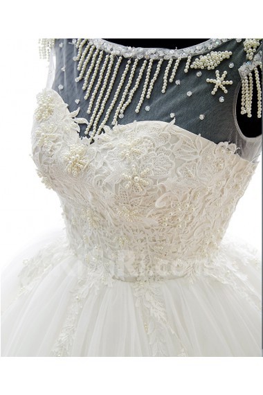 Lace, Tulle Scoop Sweep Train Cap Sleeve A-line Dress with Pearl