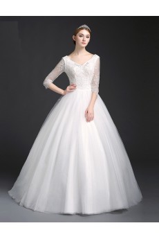 Tulle, Lace V-neck Sweep Train Three-quarter Ball Gown Dress with Beads