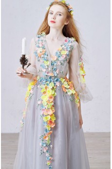 Tulle V-neck Sweep Train Long Sleeve A-line Dress with Handmade Flowers