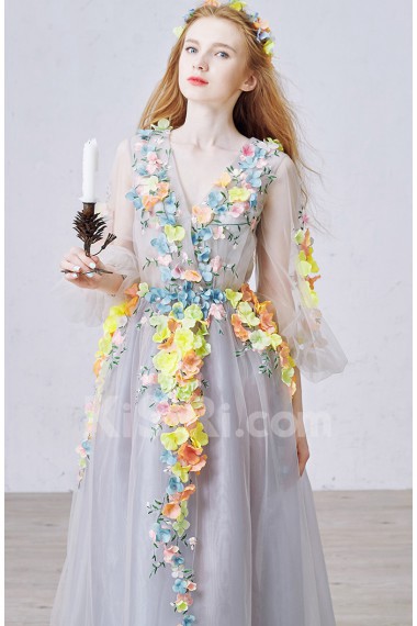 Tulle V-neck Sweep Train Long Sleeve A-line Dress with Handmade Flowers