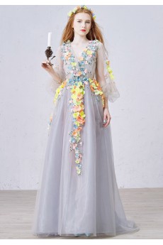 Tulle V-neck Sweep Train Long Sleeve A-line Dress with Handmade Flowers