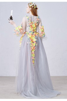 Tulle V-neck Sweep Train Long Sleeve A-line Dress with Handmade Flowers