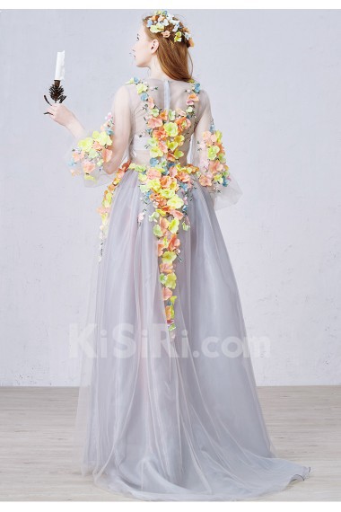 Tulle V-neck Sweep Train Long Sleeve A-line Dress with Handmade Flowers