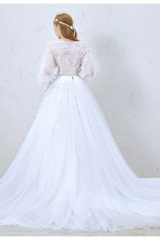 Lace, Tulle Scoop Chapel Train Long Sleeve A-line Dress with Handmade Flowers