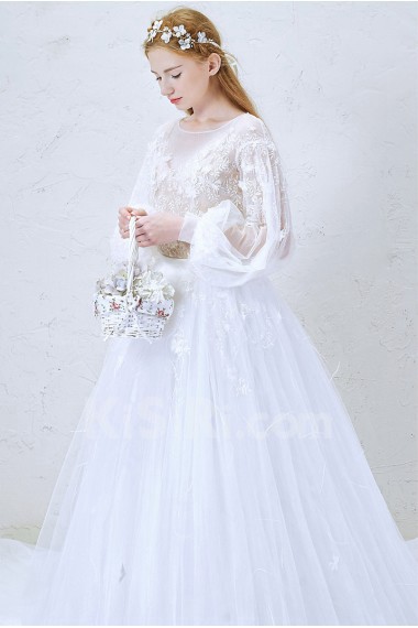 Lace, Tulle Scoop Chapel Train Long Sleeve A-line Dress with Handmade Flowers