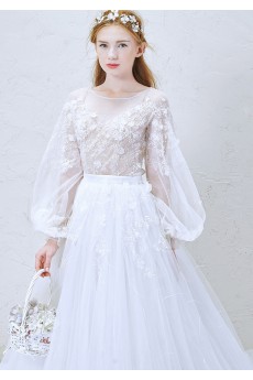 Lace, Tulle Scoop Chapel Train Long Sleeve A-line Dress with Handmade Flowers