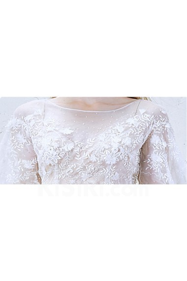 Lace, Tulle Scoop Chapel Train Long Sleeve A-line Dress with Handmade Flowers