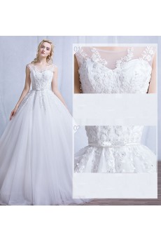 Tulle, Lace Scoop Floor Length Cap Sleeve Ball Gown Dress with Beads