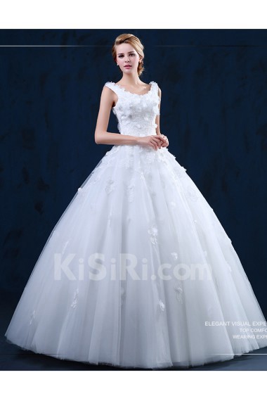 Tulle, Lace Scoop Floor Length Sleeveless Ball Gown Dress with Handmade Flowers