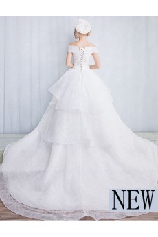 Tulle, Lace Off-the-Shoulder Sweep Train Ball Gown Dress