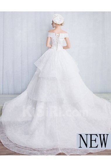 Tulle, Lace Off-the-Shoulder Sweep Train Ball Gown Dress